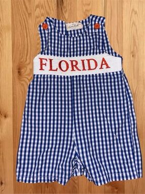 Blue & White Gingham Romper with Red 'FLORIDA' Smocking